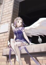Rule 34 | 1girl, arm scrunchie, armband, bird, blush, breasts, brown hair, dove, dress, fake wings, frilled dress, frills, full body, gloves, hair ornament, headdress, highres, idolmaster, idolmaster shiny colors, knee up, light brown hair, long hair, looking at another, medium breasts, neck ribbon, open mouth, purple dress, purple ribbon, ribbon, sakuragi mano, sitting, smile, solo, star (symbol), star hair ornament, thighhighs, white gloves, white thighhighs, wings, zhili xingzou