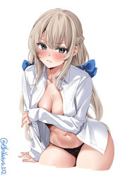Rule 34 | 1girl, alternate costume, black panties, blonde hair, blue bow, blue eyes, blush, bow, braid, breasts, cleavage, closed mouth, cropped legs, dress shirt, ebifurya, french braid, highres, kantai collection, large breasts, long hair, looking at viewer, low twintails, maryland (kancolle), navel, one-hour drawing challenge, open clothes, open shirt, panties, shirt, simple background, solo, twintails, twitter username, underwear, white background, white shirt