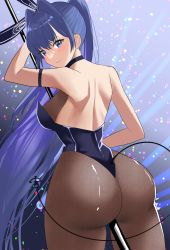 Rule 34 | 1girl, absurdres, anchor, animal ears, ass, azur lane, bare shoulders, blue eyes, blue hair, blue leotard, blush, breasts, fake animal ears, from behind, highres, large breasts, leotard, long hair, looking at viewer, looking back, new jersey (azur lane), new jersey (exhilarating steps!) (azur lane), pantyhose, playboy bunny, pole, rabbit ears, sakuramoti dai, smile, stripper pole, very long hair