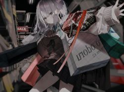 Rule 34 | 1girl, absurdres, bag, blue bow, blue neckwear, bow, carrying bag, grey eyes, grey sweater, highres, huge filesize, indoors, long sleeves, looking at viewer, medium hair, original, outstretched arm, outstretched hand, plaid, plaid skirt, school uniform, shirt, shopping bag, silver hair, skirt, sleeves past wrists, solo, sweater, tekito midori, white shirt