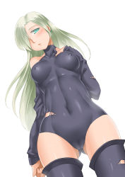 Rule 34 | 10s, 1girl, bad id, bad pixiv id, bare shoulders, belly, black thighhighs, blonde hair, blush, breasts, covered erect nipples, earrings, elizabeth liones, green eyes, hair over one eye, highres, jewelry, leotard, long hair, looking at viewer, medium breasts, nanatsu no taizai, navel, solo, thighhighs, vycma