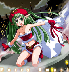 Rule 34 | 00s, 1girl, armpits, bare legs, bell, belt buckle, beret, buckle, christmas, city lights, cityscape, demonbane, elsa, full body, gloves, green eyes, green hair, hat, inue shinsuke, jingle bell, kneeling, light, long hair, looking at viewer, matching hair/eyes, outstretched arms, red gloves, red skirt, santa costume, silhouette, skirt, solo, very long hair