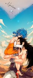 Rule 34 | 1boy, 1girl, ^ ^, bad deviantart id, bad id, bare shoulders, barefoot, black hair, blue hair, blush, carrying, closed eyes, couple, detached sleeves, dress, english text, fairy tail, gajeel redfox, grin, highres, levy mcgarden, long hair, muscular, orange skirt, rusky, shoes, single shoe, skirt, smile, striped clothes, striped dress, topless, torn clothes, vertical-striped clothes, vertical-striped dress, water drop