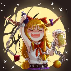 Rule 34 | 1girl, absurdres, alcohol, arm up, artist name, beer, belt, black background, black belt, black sky, blonde hair, blush, bottle, bow, bowtie, buttons, chain, closed eyes, collar, collared shirt, fang, glass, hair bow, hands up, highres, horns, ibuki suika, long hair, moon, night, night sky, oni, open mouth, purple ribbon, purple skirt, red bow, red bowtie, ribbon, shadow, shirt, skin fang, skirt, sky, sleep (isliping), sleeveless, sleeveless shirt, smile, solo, sparkle, star (sky), star (symbol), starry background, starry sky, touhou, white bow, white shirt
