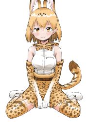 Rule 34 | 1girl, absurdres, animal ears, bare shoulders, blonde hair, blush, boots, bow, bowtie, commentary request, earthisfire, elbow gloves, extra ears, gloves, high-waist skirt, highres, kemono friends, print bow, print bowtie, print gloves, print neckwear, print skirt, serval (kemono friends), serval print, serval tail, shirt, short hair, sitting, skirt, sleeveless, smile, solo, tail, thighhighs, traditional bowtie, wariza, white footwear, white shirt, yellow eyes, zettai ryouiki