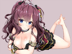 Rule 34 | 1girl, ahoge, barefoot, blue eyes, blush, breasts, brown hair, cleavage, dress, earrings, feet, foreshortening, frilled dress, frills, gold trim, head tilt, ichinose shiki, idolmaster, idolmaster cinderella girls, jewelry, large breasts, long hair, looking at viewer, lying, medium breasts, on stomach, saki chisuzu, simple background, soles, solo, the pose, tiara, toes, twintails, two side up, wavy hair