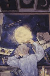 Rule 34 | 1boy, blue shirt, book, canvas (object), closed eyes, closed mouth, crescent moon, daisy, flower, from above, full moon, grey hair, highres, long sleeves, lying, male focus, mengxiaheqing, moon, on side, open book, original, paint tube, paintbrush, painting (object), profile, shirt, short hair, sky, solo, star (sky), starry sky, test tube, trowel, white flower