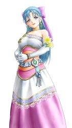 Rule 34 | 1girl, asymmetrical sleeves, bare shoulders, blue eyes, blue hair, bow, bracelet, braid, breasts, collarbone, commentary request, cowboy shot, dragon quest, dragon quest heroes, dragon quest v, dress, earrings, elbow gloves, flora (dq5), flower, french braid, gloves, hair behind ear, hair bow, hair pulled back, half updo, highres, huge bow, interlocked fingers, jewelry, long dress, long hair, looking at viewer, medium breasts, neck ring, open mouth, own hands together, pink bow, single-shoulder dress, single strap, sleeveless, sleeveless dress, smile, solo, standing, teeth, upper teeth only, white background, white gloves, x chitch, yellow flower