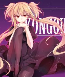 Rule 34 | 10s, 1girl, aoki hagane no arpeggio, blonde hair, character name, dress, expressionless, hands on own knee, highres, jpeg artifacts, kongou (aoki hagane no arpeggio), leg up, pantyhose, puffy short sleeves, puffy sleeves, purple background, red eyes, short hair with long locks, short sleeves, sidelocks, sitting, solo, toosaka asagi, twintails