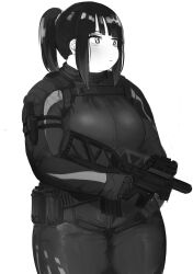 Rule 34 | 1girl, absurdres, blunt bangs, blush, breasts, character request, closed mouth, copyright request, cowboy shot, greyscale, gun, highres, holding, holding gun, holding weapon, large breasts, long sleeves, monochrome, nimo (b45ui), ponytail, sidelocks, simple background, solo, thick thighs, thighs, weapon