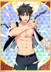 Rule 34 | 1boy, abs, bara, belt, black hair, black pants, blue eyes, clenched hand, command spell, fate/grand order, fate (series), fujimaru ritsuka (male), hand up, highres, large pectorals, looking at viewer, male focus, mazjojo, muscular, muscular male, navel, nipples, open clothes, open mouth, open shirt, pants, pectorals, shirt, short hair, solo, torn clothes, torn pants, torn shirt, white shirt