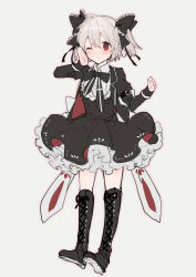 Rule 34 | 1girl, angel chromosome xx, arm belt, bad id, bad pixiv id, belt, belt buckle, black belt, black bow, black dress, black jacket, black thighhighs, boots, bow, buckle, cross-laced footwear, dress, full body, grey background, hair bow, highres, ikeuchi tanuma, jacket, juliet sleeves, lace-up boots, long sleeves, neon genesis evangelion, open clothes, open jacket, pleated skirt, puffy sleeves, silver hair, simple background, skirt, solo, tabris-xx, thigh boots, thighhighs, two side up