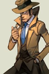 Rule 34 | 1boy, blue necktie, brown coat, brown hat, brown vest, cigarette, coat, collared shirt, fedora, grey background, hat, holding, holding lighter, hungry clicker, lighter, long sleeves, lupin iii, male focus, manly, mouth hold, necktie, open clothes, open coat, shirt, simple background, solo, vest, white shirt, wing collar, zenigata kouichi