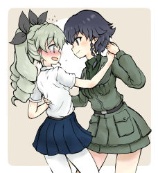Rule 34 | 10s, 2girls, anchovy (girls und panzer), anzio military uniform, anzio school uniform, beige background, belt, black belt, black hair, black ribbon, black shirt, black skirt, blush, braid, brown eyes, closed mouth, commentary request, cowboy shot, dancing, dress shirt, drill hair, flying sweatdrops, from side, frown, girls und panzer, green hair, grey jacket, grey skirt, hair ribbon, hand on another&#039;s waist, highres, holding hands, jacket, leaning back, leaning forward, long hair, looking at another, military, military uniform, miniskirt, multiple girls, open mouth, outside border, pantyhose, pencil skirt, pepperoni (girls und panzer), pleated skirt, red eyes, ribbon, school uniform, shirt, short hair, short sleeves, side braid, skirt, smile, standing, summer uniform, twin drills, twintails, uniform, wabiushi, white legwear, white shirt, yuri