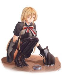 Rule 34 | 1girl, absurdres, azur lane, bismarck (azur lane), bismarck (iron black elysium) (azur lane), black dress, black footwear, black gloves, blonde hair, blue eyes, boots, breasts, cat, dress, closed eyes, framed breasts, full body, gloves, grey shirt, hair between eyes, high heels, highres, imperial german flag, large breasts, long hair, official alternate costume, shirt, short sleeves, simple background, solo, squatting, thigh boots, thighhighs, unsinkable sam, white background, whitter, wooden floor