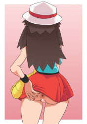 Rule 34 | 1girl, anus, ass, ass grab, brown hair, censored, creatures (company), from behind, game freak, green (pokemon), hand on own ass, hat, highres, miniskirt, nintendo, no panties, pokemon, pokemon frlg, skirt, solo, spread anus, spread ass