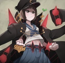 Rule 34 | 1girl, black hat, black jacket, bob cut, bracelet, brass knuckles, brown eyes, brown hair, character name, clenched hands, closed mouth, fighting stance, hat, high collar, highres, jacket, jacket on shoulders, jewelry, jourd4n, kill la kill, leaf, life fiber, looking down, mankanshoku mako, midriff, navel, open clothes, open jacket, pleated skirt, school uniform, serafuku, simple background, skirt, solo, spiked bracelet, spikes, weapon