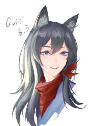 Rule 34 | 1girl, absurdres, animal ear fluff, animal ears, blue eyes, cy9, dog ears, fangs, grey hair, hair between eyes, highres, long hair, original, portrait, red lips, red scarf, scarf, simple background, smile, solo, white background