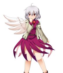 Rule 34 | 1girl, ahoge, bare legs, blush, bow, bowtie, covering own mouth, dress, highres, jacket, kishin sagume, mono (mono60), red eyes, short dress, shy, silver hair, single wing, solo, touhou, transparent background, wings