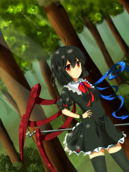 Rule 34 | 1girl, ahoge, arm behind back, asymmetrical wings, black dress, black hair, black thighhighs, bow, darktrident, ddt (darktrident), dress, dutch angle, forest, hand on own hip, houjuu nue, looking at viewer, nature, polearm, puffy short sleeves, puffy sleeves, red eyes, short hair, short sleeves, smile, solo, thighhighs, touhou, weapon, wings, wrist cuffs, zettai ryouiki