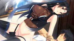 1boy 1girl arm_grab arm_held_back bare_shoulders black_hair breasts brown_eyes facial_mark fishnets forehead_mark game_cg implied_sex lens_flare long_hair looking_back ma-ko_hunter munashi_mujou nipples thighhighs tsubaki_narukami two_side_up untied