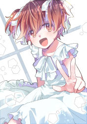 Rule 34 | 1girl, arc the lad, choko (arc the lad), dated, dress, hair ribbon, happy, happy birthday, izumi kouyou, looking at viewer, open mouth, protected link, red eyes, red hair, ribbon, short hair, short twintails, skirt, smile, solo, twintails, v