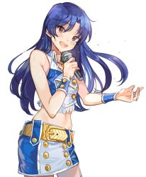 Rule 34 | 1girl, :d, belt, belt buckle, blue hair, blush, brown eyes, buckle, cowboy shot, crop top, floating hair, hair between eyes, holding, holding microphone, idol, idolmaster, idolmaster (classic), inzup, kisaragi chihaya, long hair, looking at viewer, microphone, midriff, miniskirt, navel, open mouth, pencil skirt, simple background, skirt, sleeveless, smile, solo, standing, stomach, tears, very long hair, white background, wing collar, yellow belt
