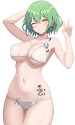 Rule 34 | 1girl, ;), arm behind head, arm up, bare arms, bare shoulders, bikini, blush, breast tattoo, breasts, cleavage, closed mouth, collarbone, commentary request, cowboy shot, earrings, gluteal fold, green hair, groin, hair between eyes, halterneck, hand up, highres, hikage (senran kagura), jewelry, large breasts, looking at viewer, navel, one eye closed, senran kagura, short hair, shoulder tattoo, simple background, slit pupils, smile, solo, standing, stomach, stomach tattoo, string bikini, surippa1010, swimsuit, tattoo, thigh gap, v, white background, white bikini, yellow eyes