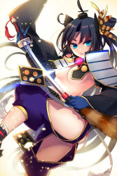 Rule 34 | 1girl, armor, ass, black hair, black socks, blue eyes, blue gloves, breasts, cocorosso, detached sleeves, fate/grand order, fate (series), gloves, highres, holding, holding sword, holding weapon, japanese armor, katana, kusazuri, long hair, looking at viewer, medium breasts, panties, pom pom (clothes), red panties, revealing clothes, sheath, socks, solo, sword, thick eyebrows, underboob, underwear, unsheathing, ushiwakamaru (fate), ushiwakamaru (third ascension) (fate), weapon