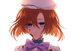 Rule 34 | 1girl, bad id, bad pixiv id, beret, blood, blood on clothes, blood on face, blue eyes, bow, bowtie, brown hair, closed mouth, commentary request, dress, empty eyes, expressionless, hair between eyes, hat, highres, higurashi no naku koro ni, looking at viewer, portrait, purple bow, purple bowtie, ryuuguu rena, seina1211, short hair, simple background, solo, white background, white dress, white hat