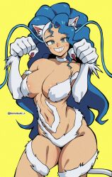 1girl absurdres animal_ears animal_hands aqua_eyes big_hair blue_hair body_fur breasts cat_ears cat_girl cat_paws cat_tail claws felicia_(darkstalkers) highres komatsuki_n large_breasts long_hair looking_at_viewer red_claws smile tail darkstalkers white_fur