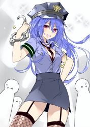 Rule 34 | 1girl, between breasts, blue hair, bra, breasts, cleavage, cuffs, garter straps, handcuffs, hat, iris heart, long hair, looking at viewer, medium breasts, neptune (series), open mouth, pink eyes, police, police uniform, policewoman, skirt, smile, solo, standing, thighhighs, tsunako, underwear, uniform, very long hair
