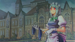 Rule 34 | 1girl, acrylic paint (medium), apron, architecture, balcony, blue skirt, blue vest, braid, breasts, bridge, clock, clock tower, cloth, cloud, curtains, gloves, glowing, glowing eyes, green ribbon, hair ribbon, highres, holding, holding cloth, holding knife, izayoi sakuya, knife, looking at viewer, maid headdress, neck ribbon, night, outdoors, painting (medium), parted bangs, planter, puffy short sleeves, puffy sleeves, red eyes, ribbon, scarlet devil mansion, shirt, short hair, short sleeves, silver hair, skirt, sky, small breasts, smile, solo, standing, topiary, touhou, tower, traditional media, tress ribbon, twin braids, u-joe, upper body, vest, waist apron, white gloves, white shirt, window, wiping