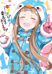 Rule 34 | 1girl, :d, ^ ^, animal hood, bird hood, blue jacket, blush, brown hair, closed eyes, commentary request, countdown, facing viewer, fur-trimmed sleeves, fur trim, gloves, gomennasai, holding, hood, hood up, hooded jacket, ichihara nina, idolmaster, idolmaster cinderella girls, jacket, long hair, long sleeves, open mouth, outstretched arm, pink gloves, sleeves past wrists, smile, snowball, solo, star (symbol), teeth, translation request, upper body, upper teeth only, very long hair