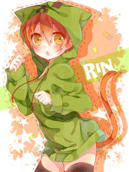 Rule 34 | 1girl, animal costume, animal ears, black thighhighs, blush, brown eyes, cat ears, cat tail, cosplay, creeparka, creeper, creeper (cosplay), highres, hoshizora rin, looking at viewer, love live!, love live! school idol project, minecraft, mogu (au1127), open mouth, orange hair, short hair, solo, tail, thighhighs