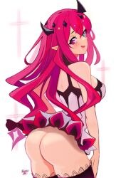 Rule 34 | 1girl, absurdres, ass, bare shoulders, black halo, blue eyes, breasts, clothes lift, demon horns, dress, dress lift, frilled dress, frills, halo, hands on own thighs, hands on thighs, heterochromia, highres, hololive, hololive english, horns, irys (irys 2.0) (hololive), irys (hololive), long hair, looking back, medium breasts, multicolored hair, pink eyes, pointy ears, purple hair, red hair, ryness, simple background, smirk, solo, sparkle, thighhighs, thighs, two-tone hair, very long hair, virtual youtuber, white background, white dress