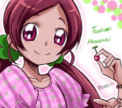 Rule 34 | 10s, 1girl, arudebido, character name, cherry, food, fruit, gradient background, hanasaki tsubomi, heartcatch precure!, long hair, pink eyes, pink shirt, precure, red hair, shirt, smile, solo, twintails, twitter username