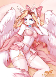 Rule 34 | 1girl, animal ears, blonde hair, blue eyes, bow, breasts, choker, dragonfu, furry, furry female, garter straps, hair bow, lingerie, long hair, looking at viewer, original, princess, solo, tail, thighhighs, underwear, wings, wolf ears, wolf girl, wolf tail