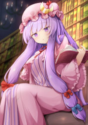 Rule 34 | 1girl, :o, blue bow, blunt bangs, book, bow, commentary, crescent, dress, hair bow, hat, holding, holding book, library, long hair, looking at viewer, mob cap, patchouli knowledge, pink dress, pink hat, purple hair, red bow, rururiaru, sitting, solo, striped clothes, striped dress, touhou, vertical-striped clothes, vertical-striped dress