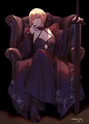 Rule 34 | 1girl, absurdres, armchair, artoria pendragon (all), artoria pendragon (fate), bad id, bad pixiv id, black bow, black dress, black footwear, blonde hair, boots, bow, braid, breasts, chair, crown braid, dress, excalibur morgan (fate), fate/grand order, fate (series), hair bow, highres, jinlin, long dress, long sleeves, revision, saber alter, sitting, small breasts, solo, yellow eyes
