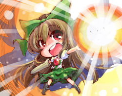Rule 34 | 1girl, arm cannon, bird wings, black wings, bow, brown hair, cape, chibi, concrete, energy ball, hair bow, long hair, open mouth, outstretched arms, puffy sleeves, red eyes, reiuji utsuho, round teeth, shinapuu, shirt, short sleeves, skirt, solo, teeth, third eye, touhou, very long hair, weapon, wings