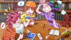 Rule 34 | 1boy, 2girls, book, bow, breasts, del-chan, dress, green bow, green eyes, highres, jas (stardew valley), multiple girls, orange hair, penny (stardew valley), purple dress, purple hair, red hair, shirt, shoes, short hair, short pants, sitting, sky, stardew valley, striped clothes, striped shirt, wariza