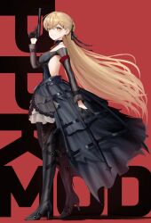 Rule 34 | 1girl, backless dress, backless outfit, bare shoulders, black gloves, blonde hair, blush, boots, breasts, brown eyes, cross, cross earrings, dress, earrings, full body, girls&#039; frontline, gloves, guchagucha, gun, hair ornament, hairclip, half gloves, handgun, high heel boots, high heels, highres, jewelry, long hair, looking at viewer, medium breasts, parted lips, ppk (girls&#039; frontline), ppk (mod3) (girls&#039; frontline), smile, solo, suppressor, thigh boots, trigger discipline, very long hair, walther, walther ppk, weapon