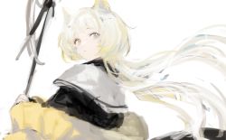 Rule 34 | 1girl, animal ears, arknights, blonde hair, blue eyes, capelet, cat ears, closed mouth, from behind, heterochromia, highres, holding, holding staff, koba (jdhikdjdkfiwufh), long hair, looking at viewer, looking back, nightmare (arknights), off shoulder, simple background, sketch, solo, staff, upper body, very long hair, white background, white capelet, yellow eyes