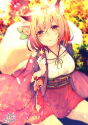 Rule 34 | 1girl, animal ear fluff, animal ears, bell, blurry, blurry background, blush, breasts, chita (ketchup), commentary request, depth of field, flower, fox ears, fox girl, fox tail, hair between eyes, hair flower, hair ornament, haori, head tilt, highres, holding, holding leaf, japanese clothes, jingle bell, kimono, leaf, light brown hair, long hair, long sleeves, looking at viewer, medium breasts, obi, original, parted lips, pleated skirt, red eyes, red flower, red ribbon, red skirt, ribbon, sash, short kimono, signature, sitting, skirt, solo, tail, tail raised, thick eyebrows, white kimono, wide sleeves