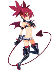 Rule 34 | 1girl, arm strap, bare shoulders, bat wings, belt, black gloves, black thighhighs, blush, boots, bracelet, choker, demon girl, demon tail, disgaea, disgaea d2, earrings, etna (disgaea), flat chest, full body, gloves, hair between eyes, harada takehito, high heel boots, high heels, hip focus, holding, jewelry, leather, leg up, legs, long image, looking at viewer, midriff, navel, nippon ichi, official art, open mouth, pointy ears, red eyes, red hair, red thighhighs, red wings, short hair, short shorts, short twintails, shorts, simple background, skinny, skull, solo, strapless, tail, tall image, thigh boots, thighhighs, thighs, tube top, twintails, white background, wings