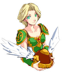 Rule 34 | 1girl, armor, blonde hair, closed mouth, green armor, head wings, helmet, looking at viewer, medium hair, namco, qkat (arikawa-dou), simple background, solo, valkyrie (vnd), valkyrie no densetsu, white background, winged helmet, wings