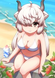 Rule 34 | 1girl, absurdres, alternate costume, bare arms, bare shoulders, bikini, blush, brown eyes, ev (kemomimizuku), food, from above, hair over one eye, highres, kemono friends, long hair, looking at viewer, looking up, marine day, midriff, ox ears, ox girl, ox horns, shaved ice, sidelocks, sitting, smile, solo, swimsuit, twintails, white bikini, white hair, yak (kemono friends)
