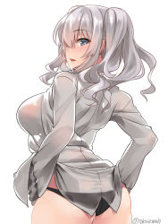 Rule 34 | 1girl, ass, black panties, blue eyes, blush, breasts, cowboy shot, grey shirt, hair between eyes, highres, kantai collection, kashima (kancolle), large breasts, long hair, long sleeves, looking at viewer, looking back, open mouth, panties, shirt, silver hair, simple background, solo, takase muh, twintails, twitter username, underwear, white background