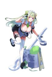 Rule 34 | 1girl, absurdres, antenna hair, apron, arm garter, black footwear, black skirt, blush, breasts, chest strap, cleavage, closed mouth, commentary, detached collar, double bun, dress, full body, fune (fune93ojj), garter belt, gloves, goddess of victory: nikke, green hair, green necktie, hair bun, hair ornament, hairclip, highres, large breasts, leaning forward, licking lips, long hair, looking at viewer, maid, maid apron, maid headdress, mop, necktie, pressure washer, purple eyes, salute, shoes, short necktie, simple background, skirt, sleeveless, sleeveless dress, smile, soda (nikke), solo, standing, standing on one leg, thighhighs, tongue, tongue out, two side up, wet floor sign, white apron, white background, white gloves, white thighhighs